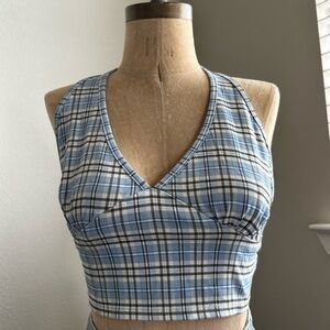 Plaid V-Neck Halter Top - Blue